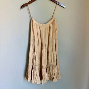 Becool Cream Babydoll Dress Boho Mini Tiered Buttons Lace Round Neck Cottagecore